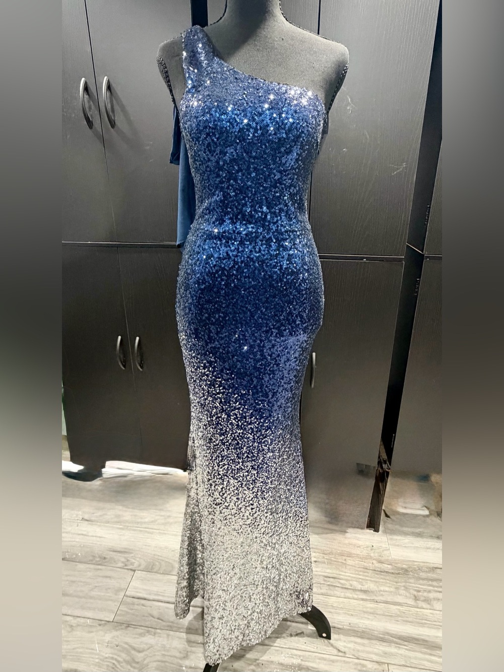 Sequined Ombre Navy to Silver Evening Gown